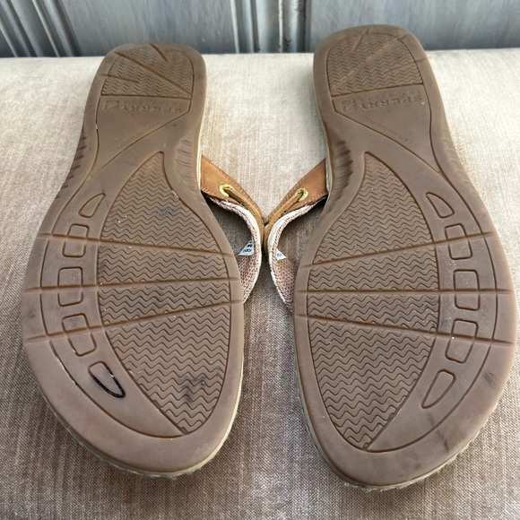 SPERRY Tan and Brown striped gold thong sandals 9 nautical fisherman preppy - Picture 3 of 6